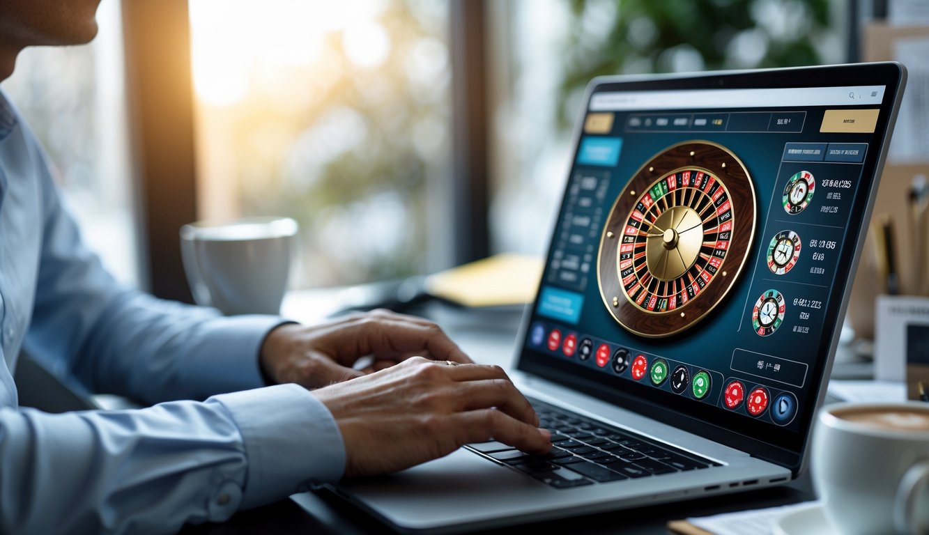Seseorang sedang bermain roulette online di laptop di ruang kerja modern dengan ekspresi fokus dan percaya diri.