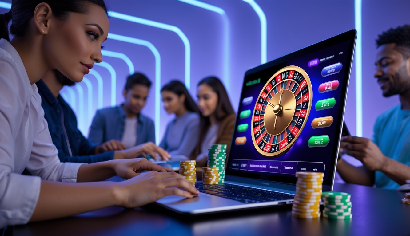 Orang-orang bermain roulette online dengan layar komputer menampilkan roda roulette digital dan chip taruhan di meja.