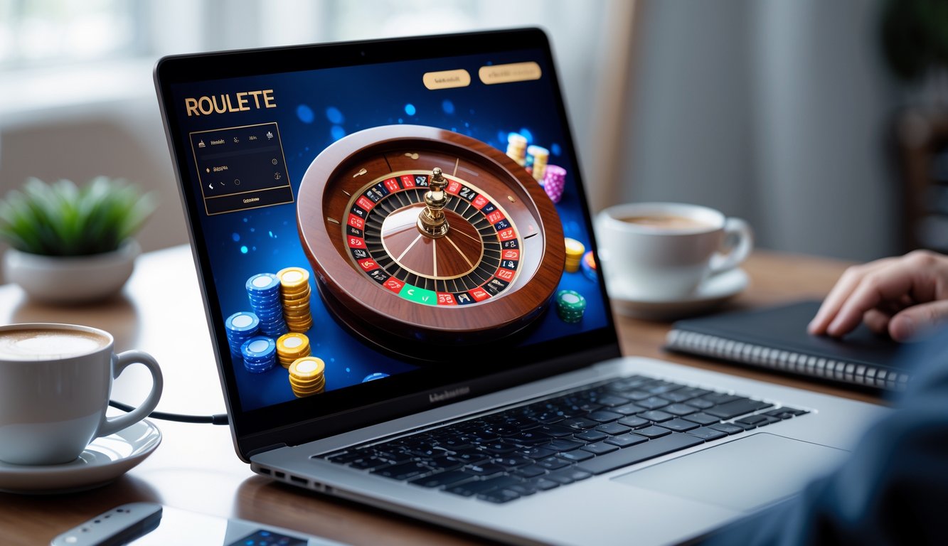 Sebuah komputer menampilkan permainan roulette online dengan tumpukan chip di sampingnya di meja yang rapi.