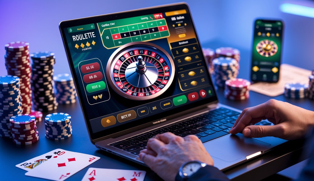 Tangan seseorang sedang menggunakan laptop dengan permainan roulette online dan tumpukan chip kasino di meja.
