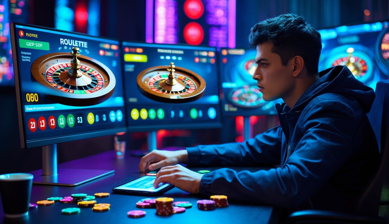 Seorang pemain serius sedang bermain roulette online di depan beberapa layar komputer dengan tampilan permainan roulette dan chip taruhan.