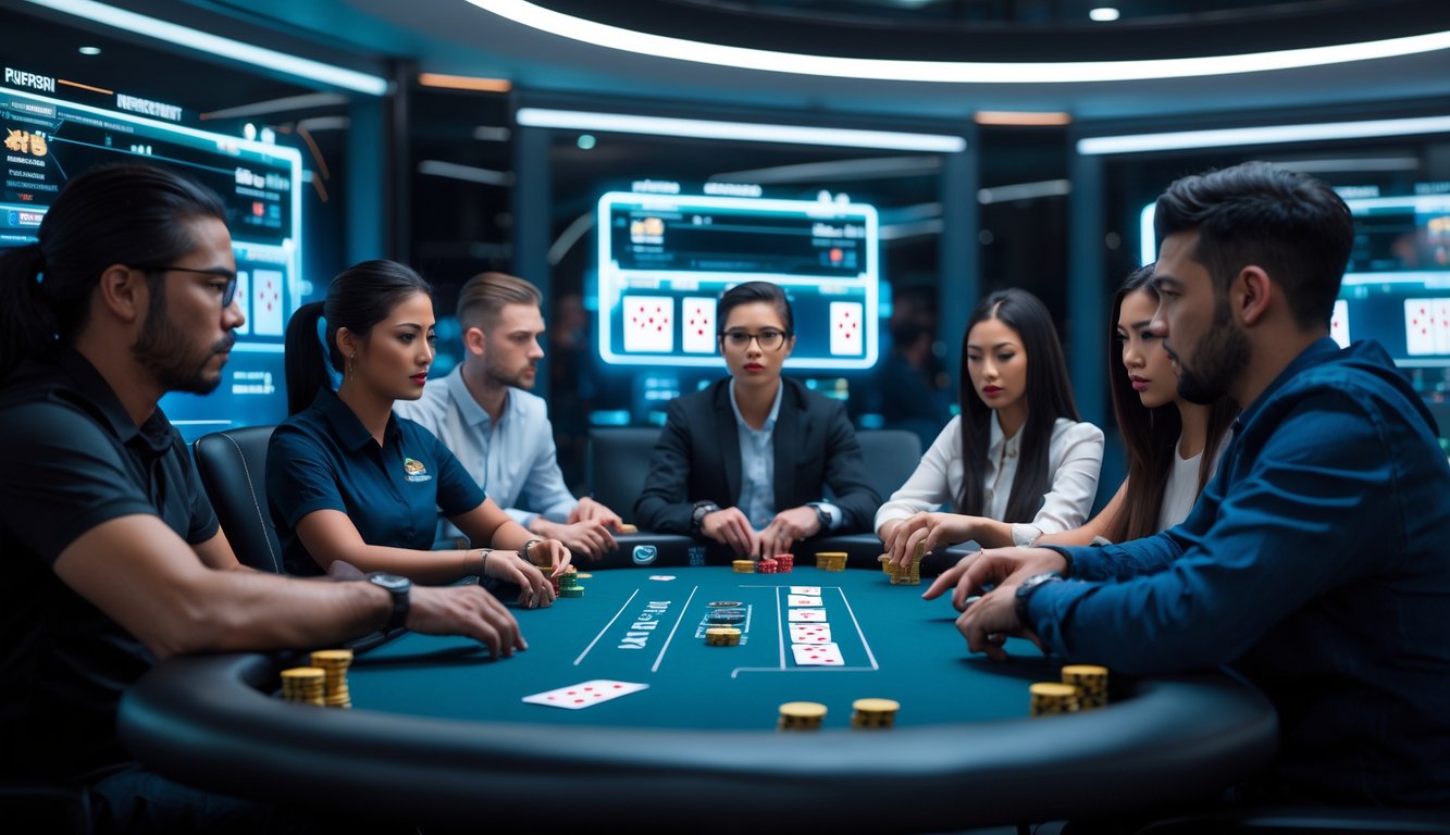 Beberapa pemain poker duduk di sekitar meja poker modern dengan layar digital yang menampilkan kartu dan chip poker, fokus bermain permainan poker online.