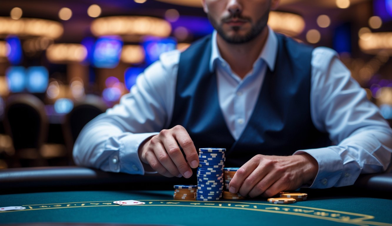 Seorang pemain poker profesional duduk di meja poker dengan kartu dan tumpukan chip, di dalam suasana kasino modern.