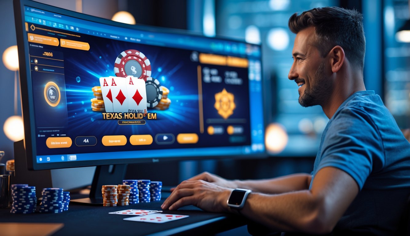 Seorang pemain dewasa duduk di depan komputer dengan tampilan permainan poker online Texas Hold'em, dikelilingi chip dan kartu remi di meja.
