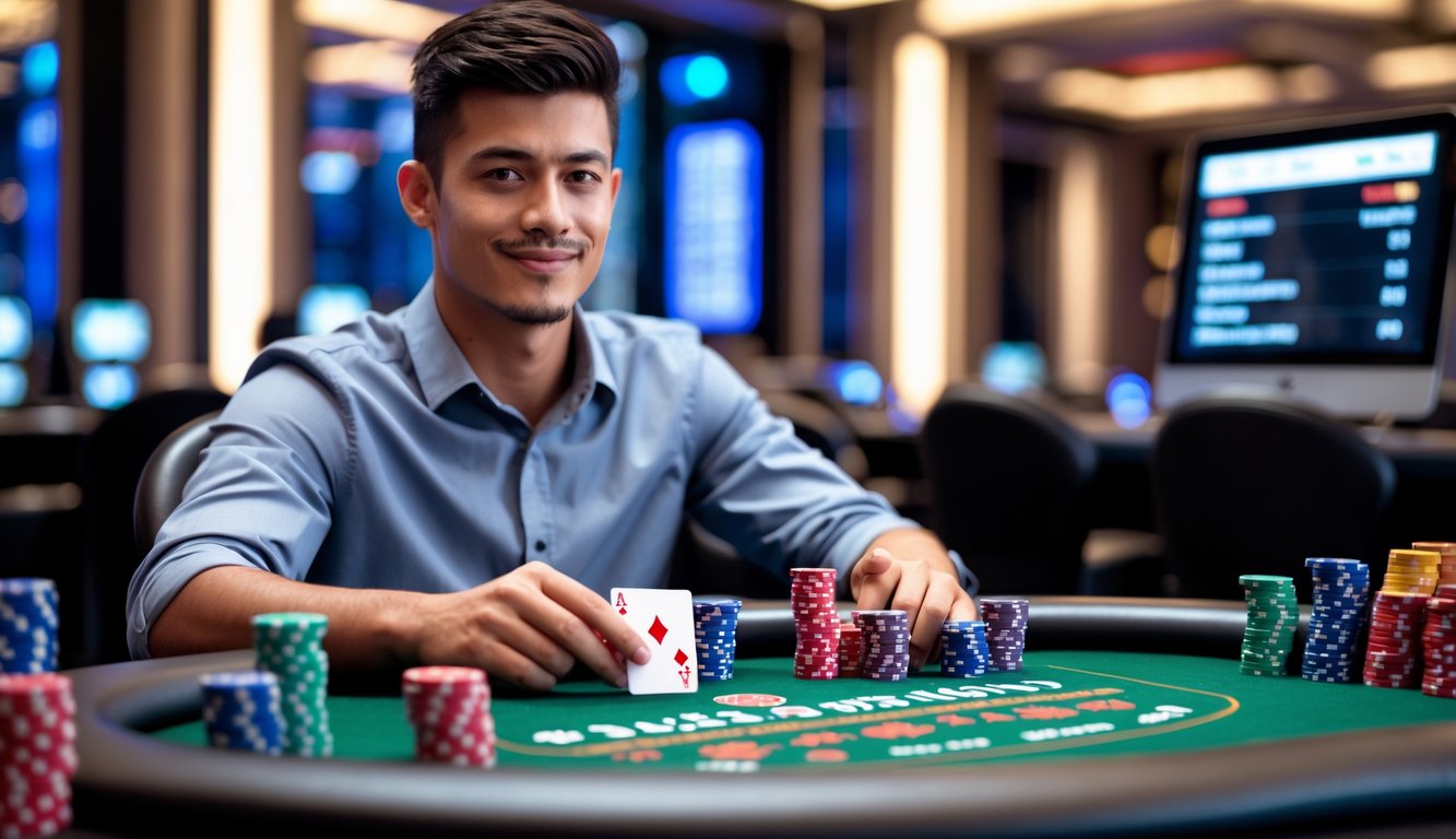 Seorang pria muda duduk di meja poker dengan kartu dan tumpukan chip, terlihat fokus dan percaya diri dalam suasana kasino modern.