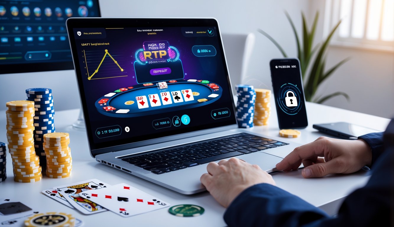 Seseorang bermain poker online di depan komputer dengan chip dan kartu, menunjukkan keamanan dan fitur permainan.