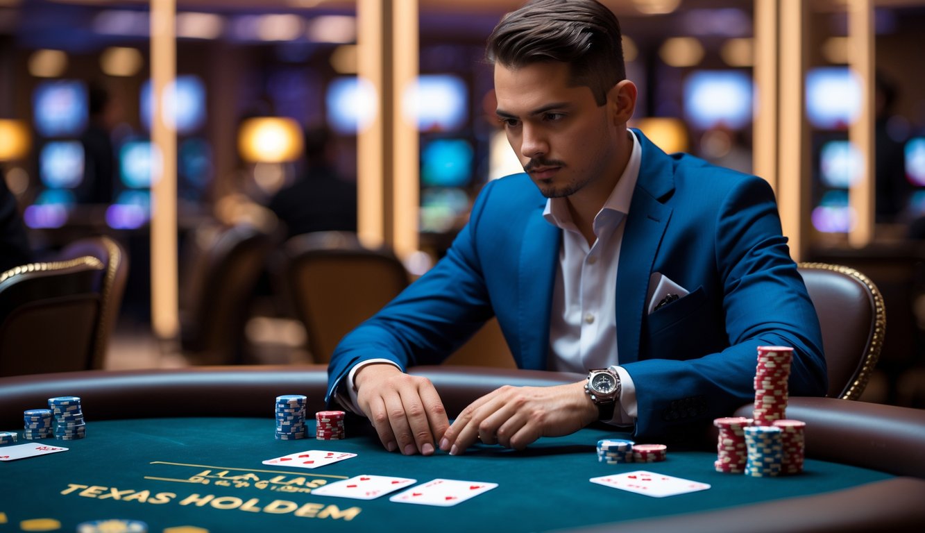 Seorang pemain poker fokus duduk di meja poker dengan chip dan kartu, di dalam suasana kasino yang hangat dan profesional.