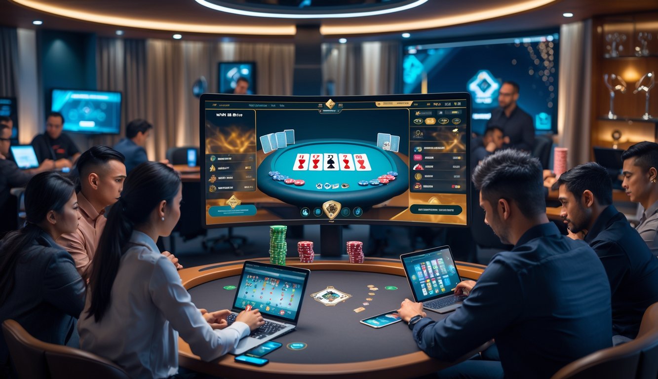 Beberapa orang bermain poker online Texas Hold'em di depan komputer dan perangkat digital dalam ruangan yang nyaman dan modern.