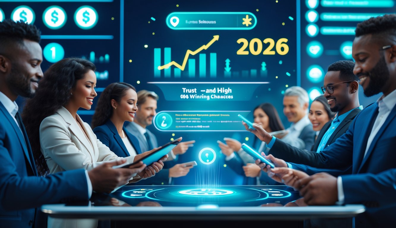 Sekelompok orang menggunakan perangkat digital di lingkungan modern yang menunjukkan suasana perjudian togel dengan peluang menang tinggi.