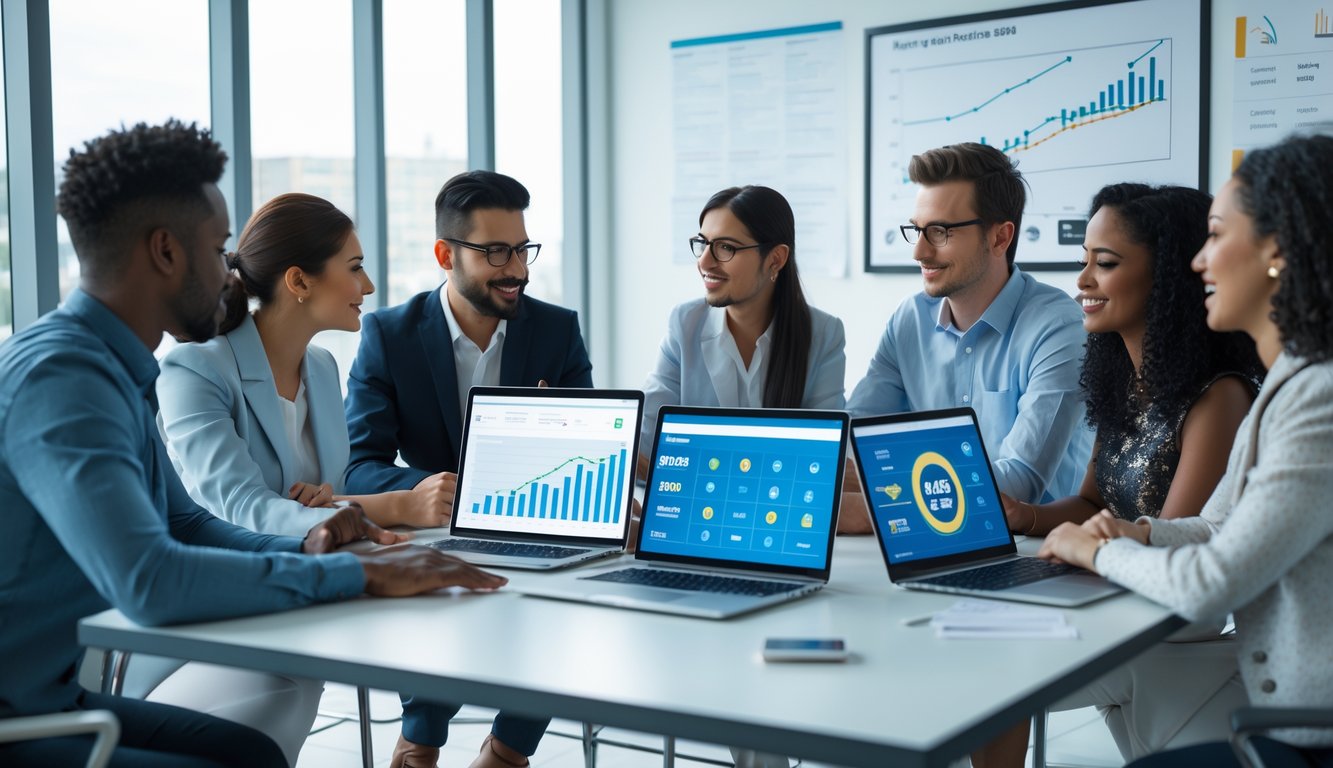 Sekelompok orang sedang berdiskusi dan merencanakan strategi judi togel di ruang kerja dengan laptop dan grafik di meja.