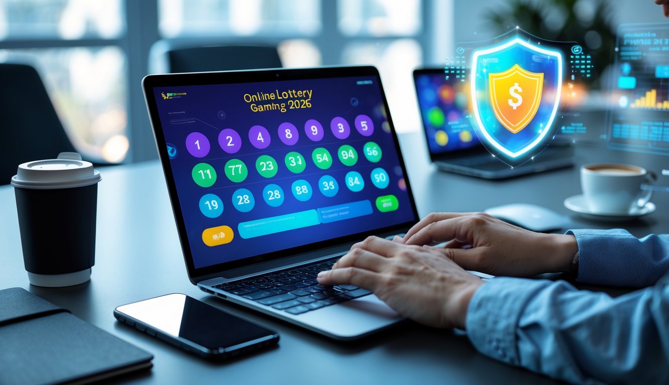 Sebuah ruang kerja modern dengan laptop yang menampilkan antarmuka permainan lotere online dan tangan seseorang sedang berinteraksi dengan perangkat tersebut.