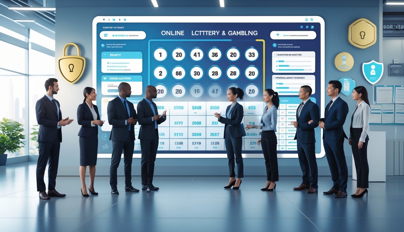 Sekelompok profesional sedang berdiskusi di kantor modern dengan layar digital menampilkan angka lotere dan grafik.