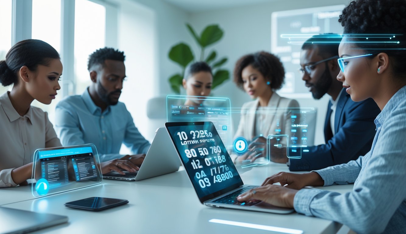 Beberapa orang menggunakan perangkat digital di ruang kerja modern, menampilkan konsep judi togel online yang adil dan mudah digunakan.
