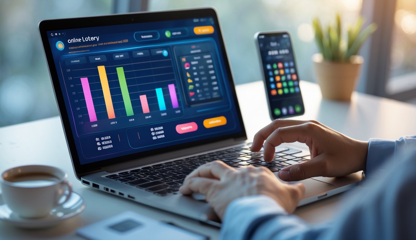 Meja kerja dengan laptop yang menampilkan antarmuka togel digital, tangan seseorang sedang menggunakan laptop, di dekatnya ada cangkir kopi dan ponsel dengan aplikasi togel.