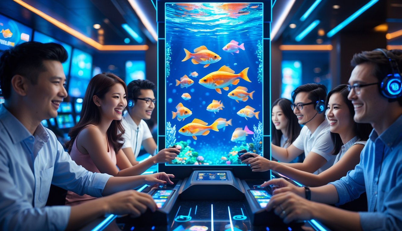 Beberapa orang sedang bermain permainan tembak ikan di layar sentuh besar dengan latar bawah laut berwarna biru dan ikan berwarna-warni yang bergerak.