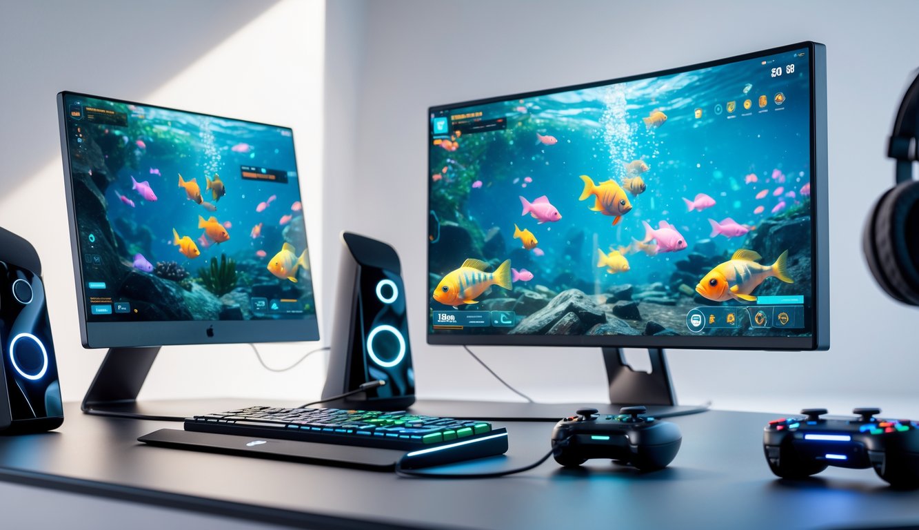 Sebuah setup permainan online dengan layar menampilkan grafik ikan berwarna-warni dan peralatan permainan modern di meja.