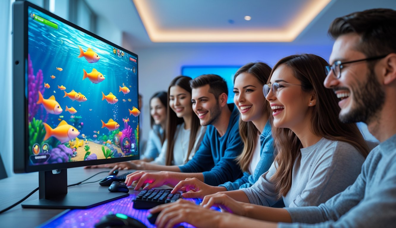 Beberapa orang muda sedang bermain game menembak ikan 4D di komputer dengan latar bawah laut berwarna-warni.