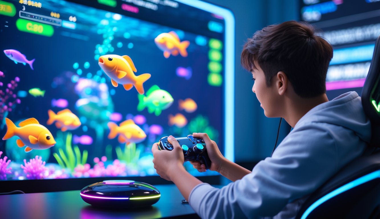 Seorang pemain muda sedang bermain game tembak ikan digital dengan layar besar yang menampilkan animasi ikan berwarna-warni dan elemen permainan futuristik.