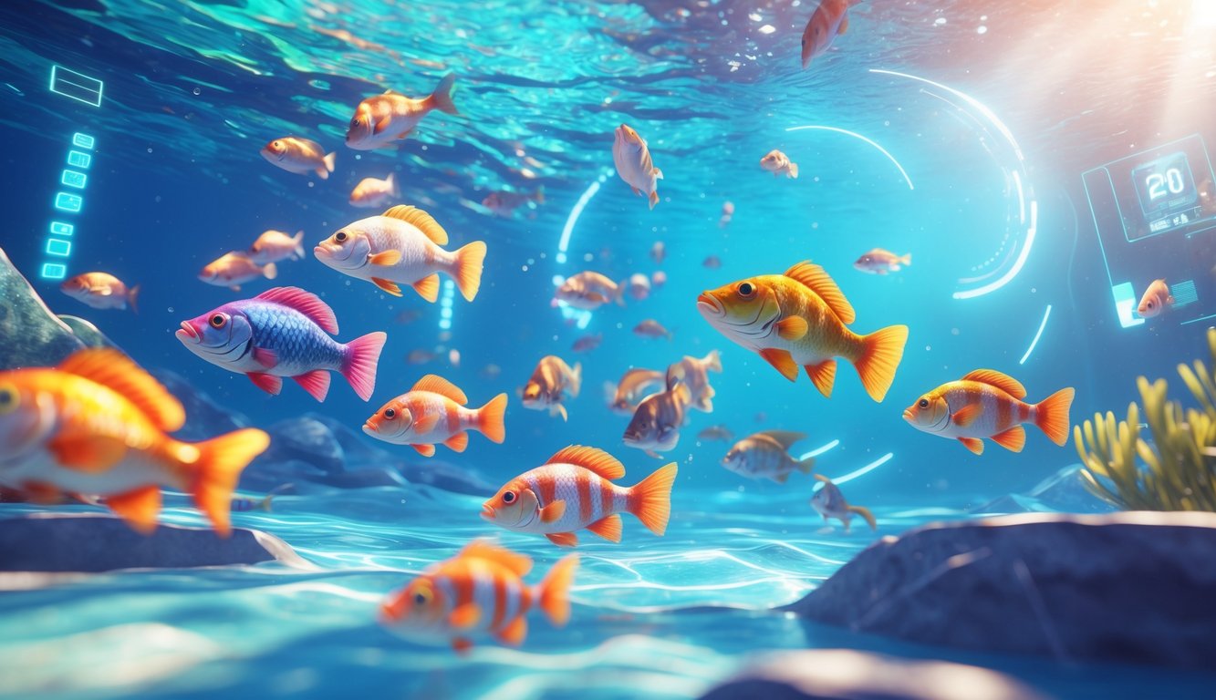Adegan bawah laut dengan ikan warna-warni berenang di lingkungan permainan tembak ikan yang dinamis dan penuh aksi.