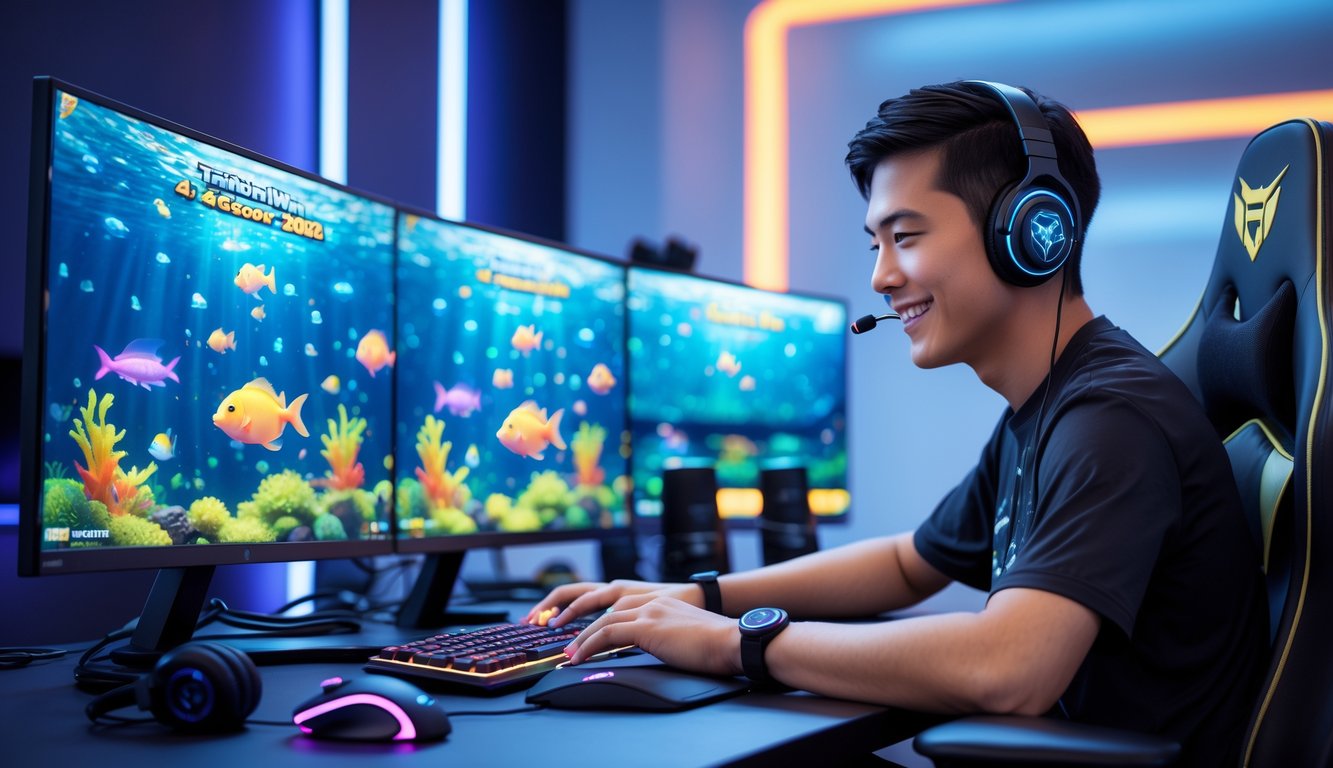 Seorang pria muda duduk di depan komputer dengan layar menampilkan permainan menembak ikan yang penuh warna, tampak fokus dan tersenyum saat bermain.