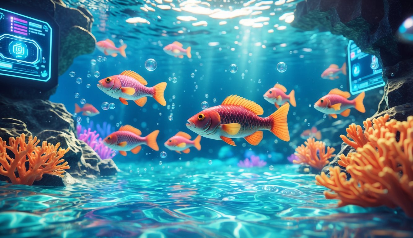 Adegan bawah laut dengan ikan berwarna-warni berenang di sekitar terumbu karang dengan tampilan permainan digital futuristik di latar belakang.