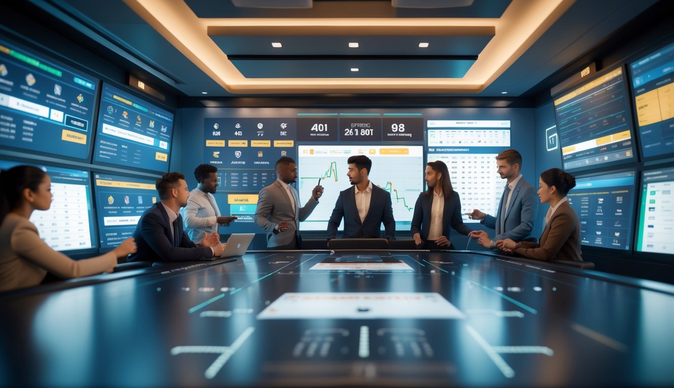 Orang-orang sedang fokus melihat layar digital dengan data dan pertandingan olahraga di ruangan modern.