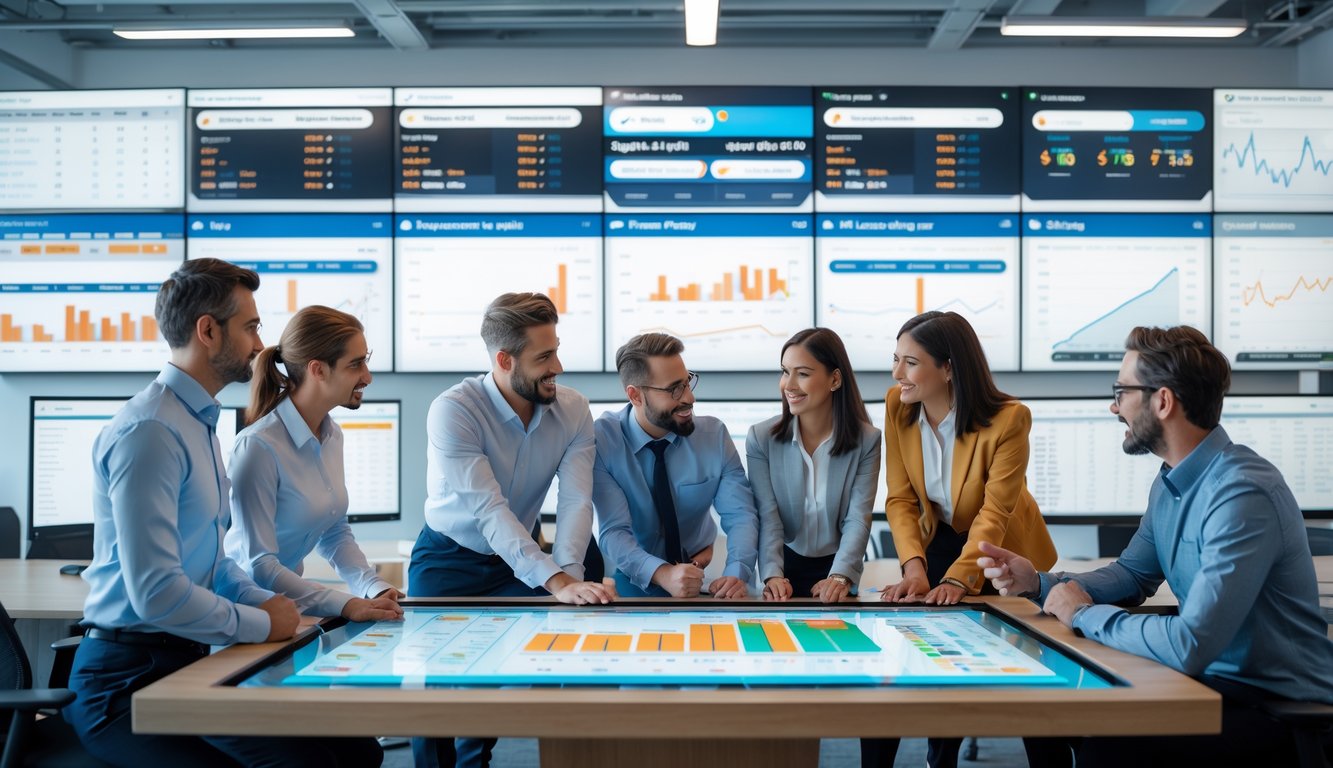 Sekelompok orang berdiskusi di ruang kantor modern dengan layar digital menampilkan statistik olahraga dan peluang taruhan.