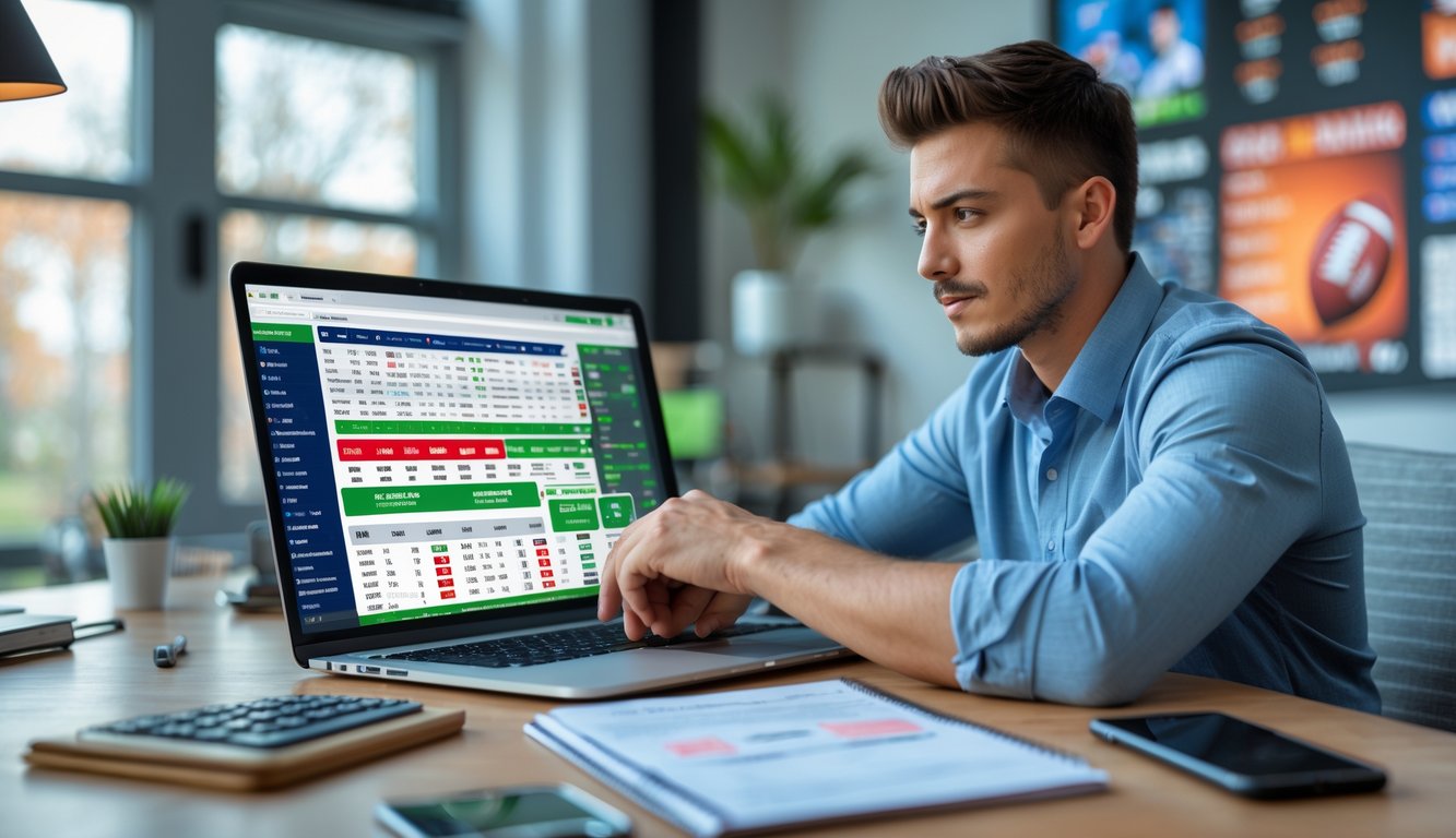 Seorang pria muda duduk di meja dengan laptop, kalkulator, dan catatan, fokus pada layar yang menampilkan statistik olahraga dan peluang taruhan.