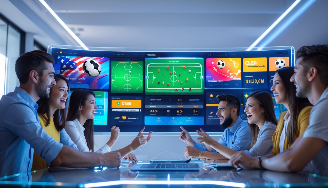 Beberapa orang muda menggunakan perangkat digital dengan layar menampilkan berbagai olahraga dan grafik taruhan online yang menarik.