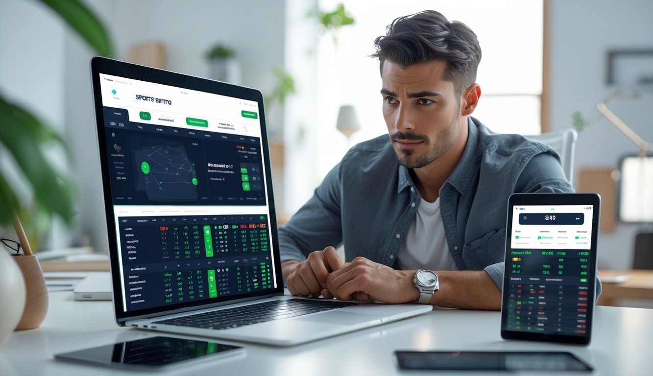 Seorang pria muda duduk di meja dengan beberapa perangkat digital menampilkan data taruhan olahraga, fokus menganalisis informasi dalam suasana kerja yang modern.
