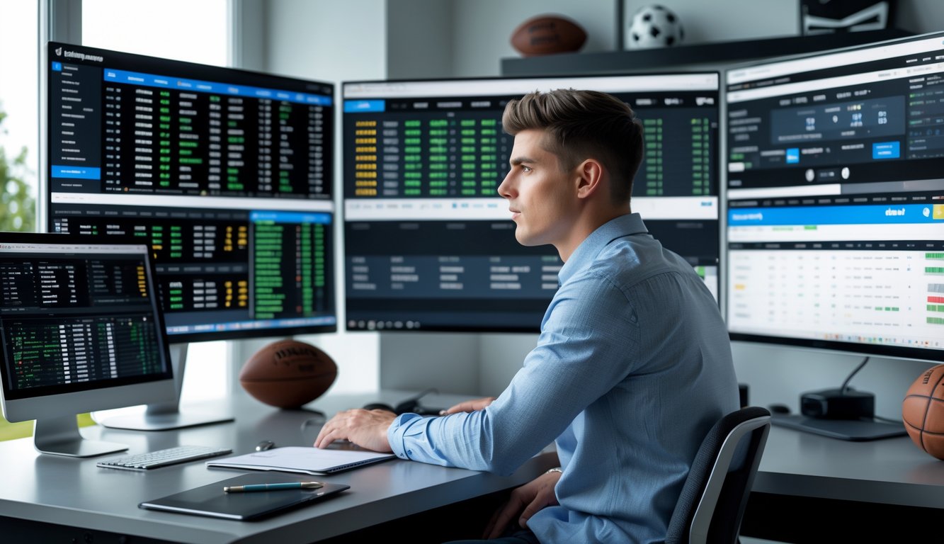 Seorang pria muda duduk di meja modern dengan beberapa layar komputer menampilkan taruhan olahraga dan acara olahraga langsung.