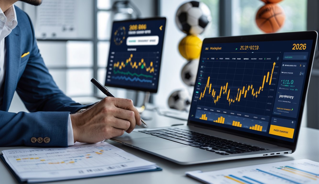 Seseorang sedang menganalisis data taruhan olahraga dengan laptop dan catatan di meja kerja.
