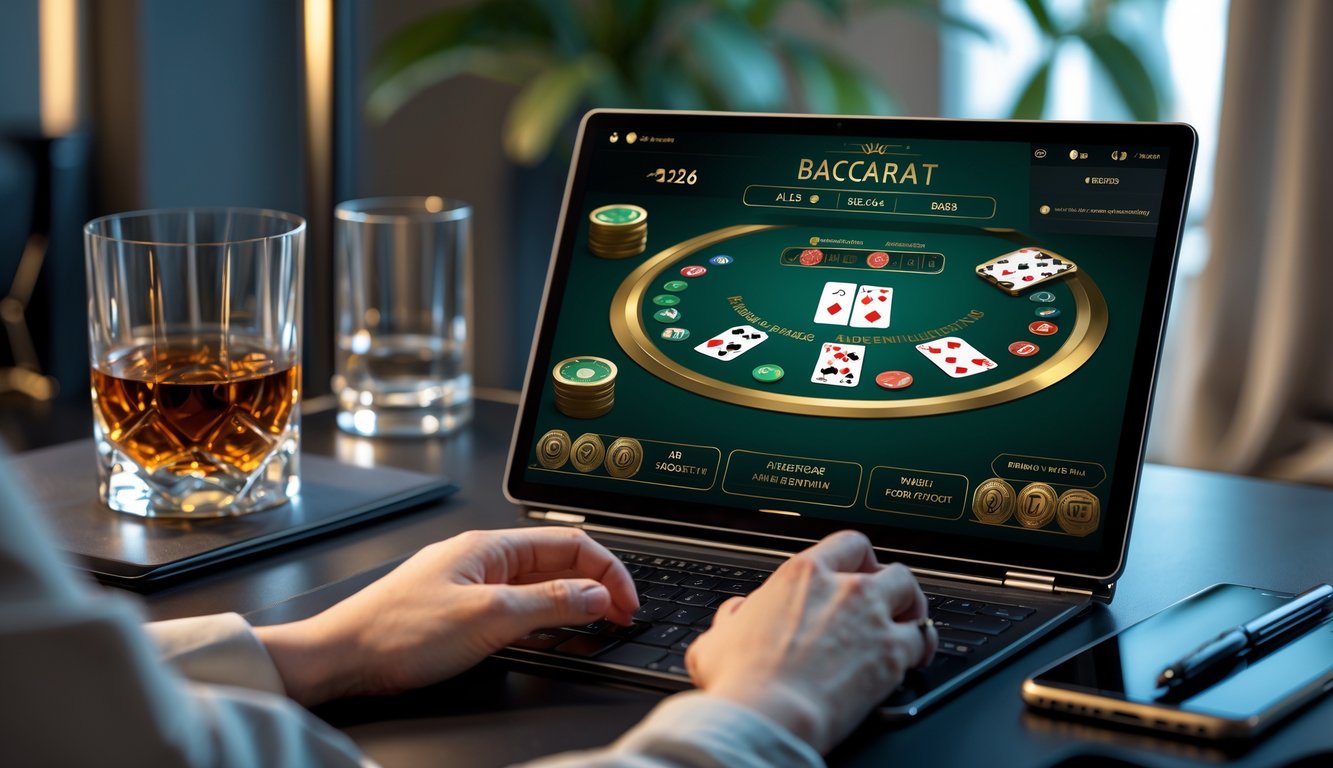 Seorang pemain sedang bermain baccarat online menggunakan laptop di meja dengan kartu dan chip, dalam ruangan yang rapi dan terang.