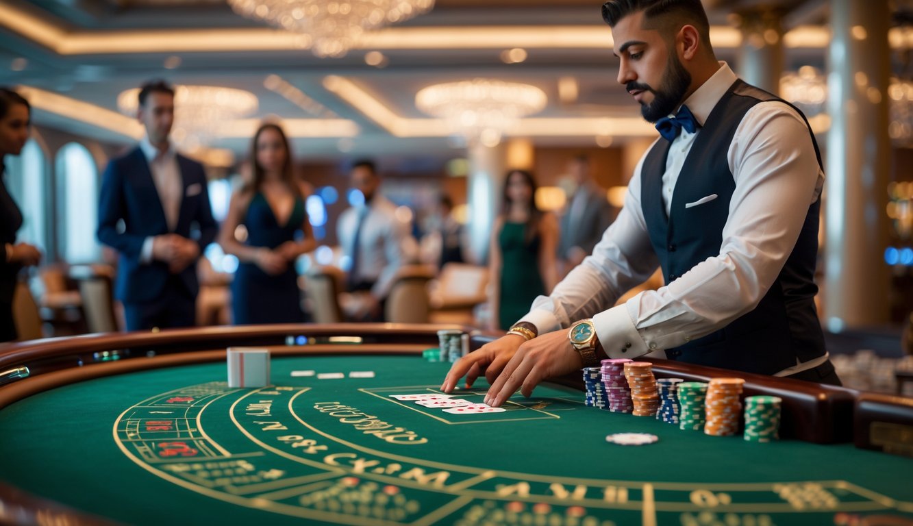 Seorang dealer profesional membagikan kartu di meja baccarat dengan pemain yang memperhatikan di latar belakang dalam suasana kasino yang mewah.