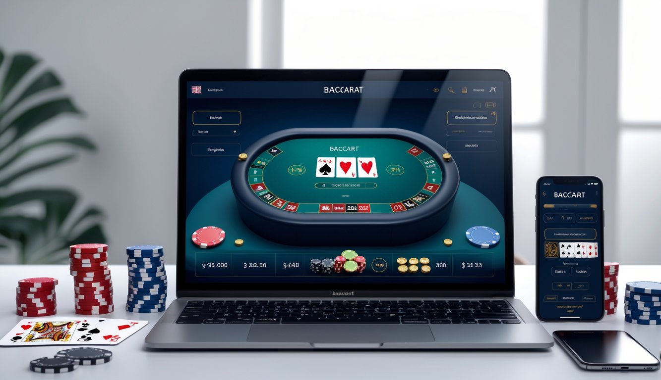 Meja kerja modern dengan laptop menampilkan permainan baccarat dan beberapa chip poker serta kartu remi di sekitarnya.