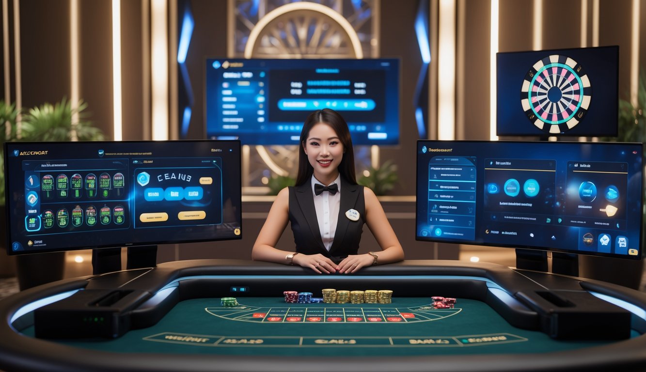 Seorang dealer wanita profesional duduk di meja baccarat dengan kartu dan chip, dikelilingi oleh layar yang menampilkan permainan baccarat online secara langsung.