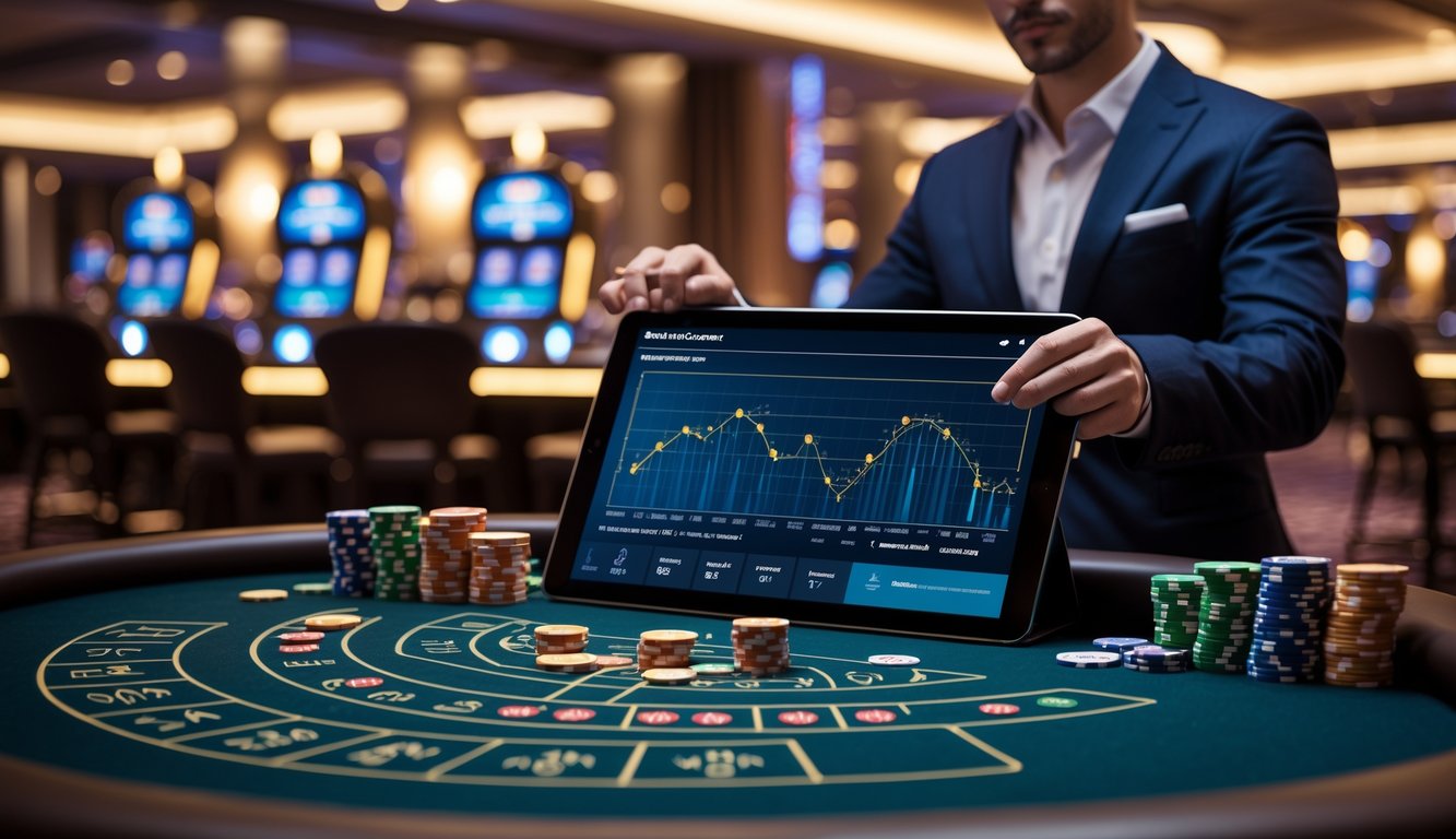 Seorang pemain atau ahli strategi sedang menganalisis data prediksi judi baccarat di meja kasino dengan kartu dan chip tertata rapi.