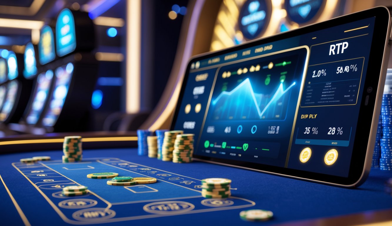 Tampilan dekat meja baccarat digital modern dengan kartu dan chip yang terlihat jelas di layar, menunjukkan suasana kasino futuristik dengan pencahayaan lembut dan latar belakang biru keemasan.