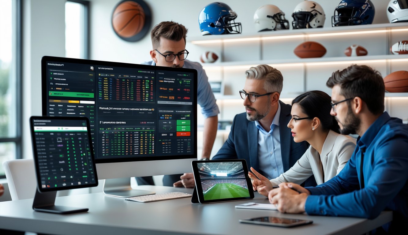 Orang-orang sedang berdiskusi dan menganalisis data taruhan olahraga di ruang kantor yang terang dengan peralatan teknologi modern dan perlengkapan olahraga di latar belakang.