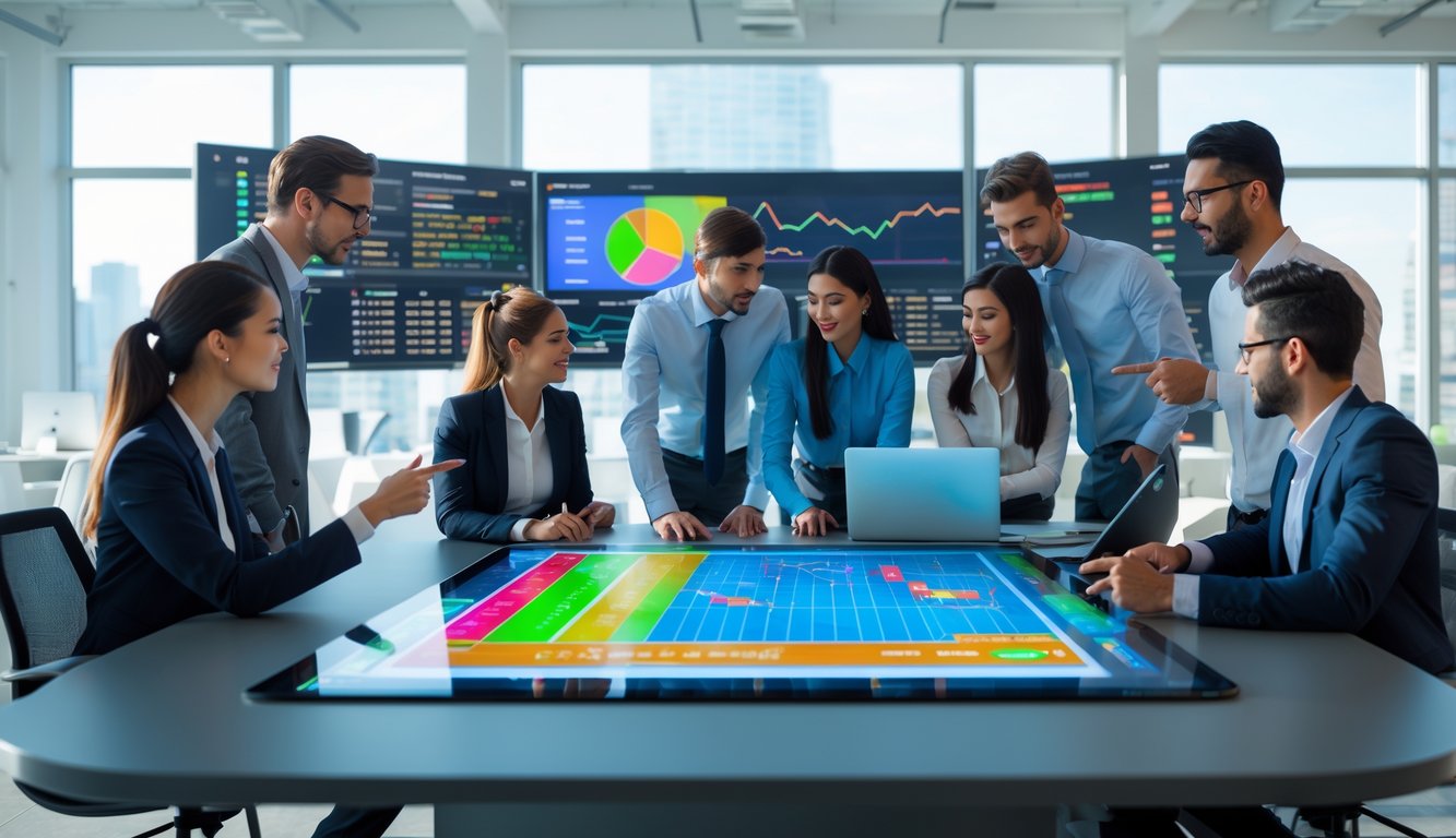 Sekelompok profesional muda sedang berdiskusi di kantor modern dengan layar digital yang menampilkan grafik statistik olahraga dan data real-time.