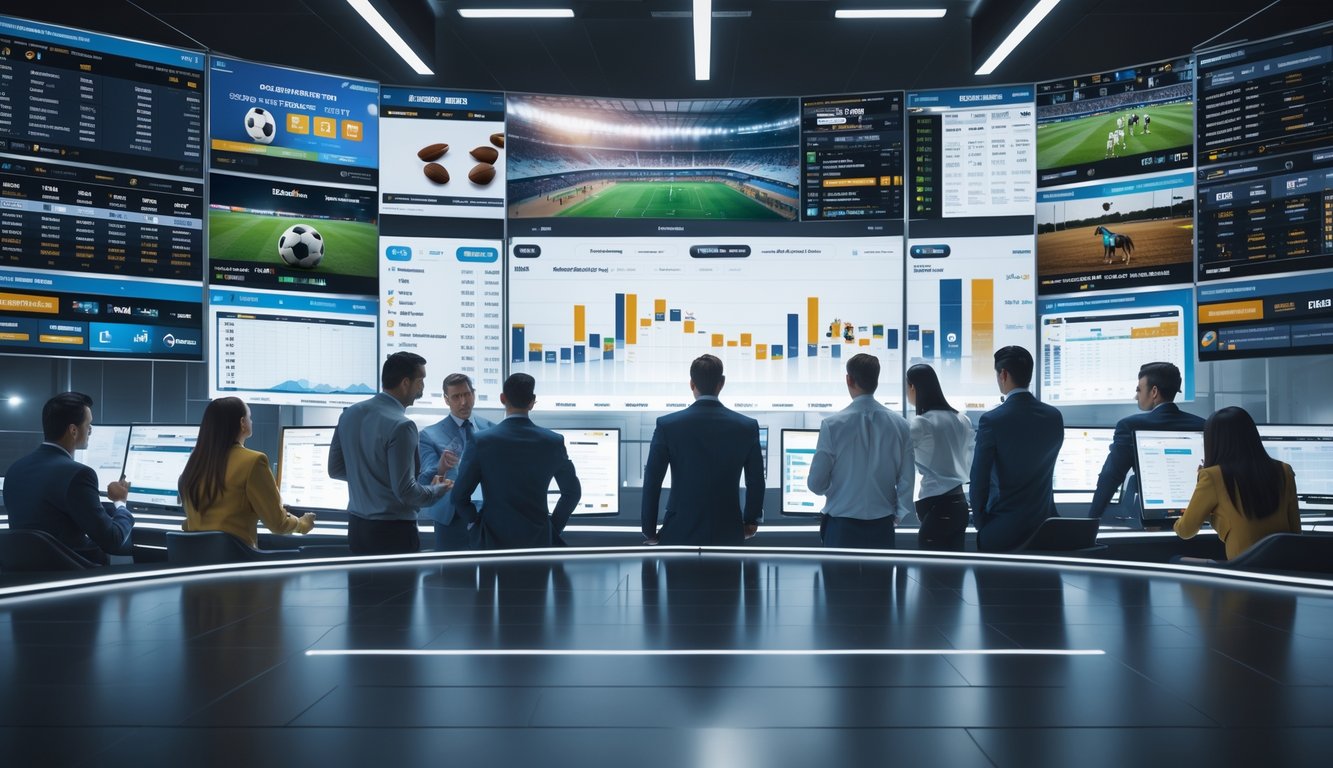 Sekelompok orang sedang menganalisis data taruhan olahraga di ruangan modern dengan layar digital besar yang menampilkan pertandingan olahraga dan statistik.