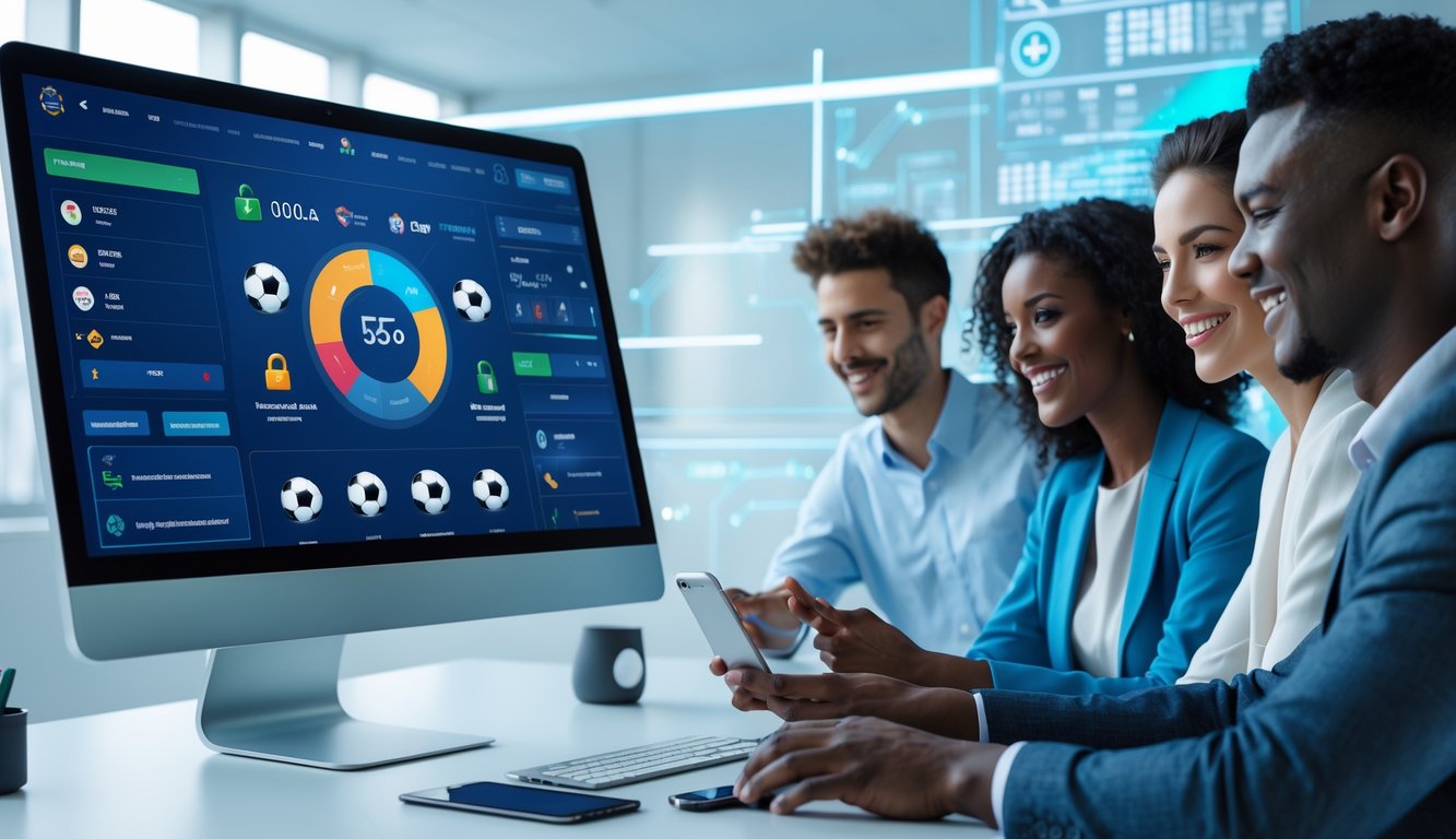 Orang-orang muda menggunakan perangkat digital untuk platform judi olahraga yang aman dan terpercaya di lingkungan kantor modern.