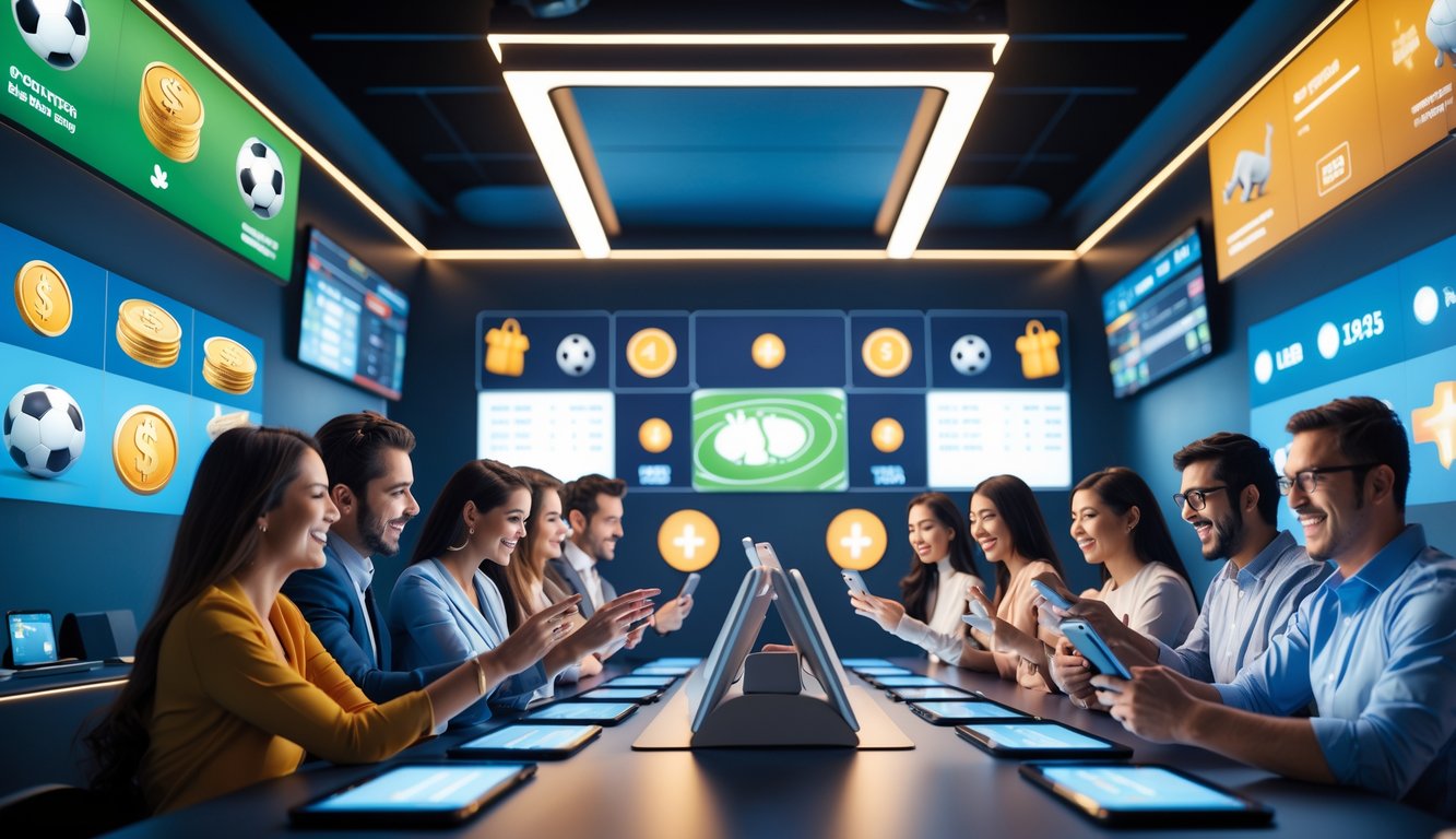 Sekelompok orang beragam sedang menggunakan perangkat digital untuk bertaruh pada berbagai olahraga di lingkungan modern dengan layar besar menampilkan pertandingan olahraga.