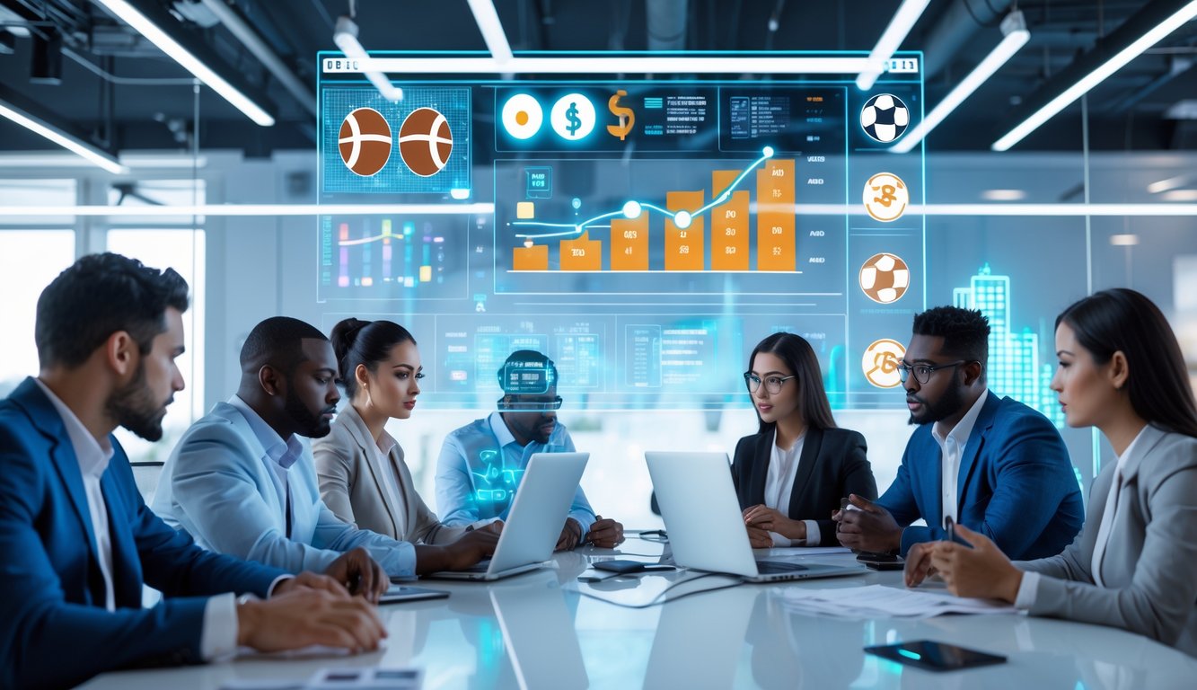 Beberapa profesional sedang menganalisis data dan tren judi olahraga di ruang kantor modern dengan layar digital besar menampilkan grafik dan ikon olahraga.