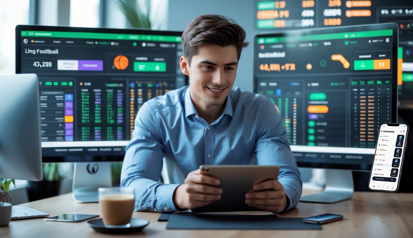 Seorang pria muda di kantor modern sedang menganalisis data olahraga di beberapa layar komputer dengan ekspresi fokus dan percaya diri.