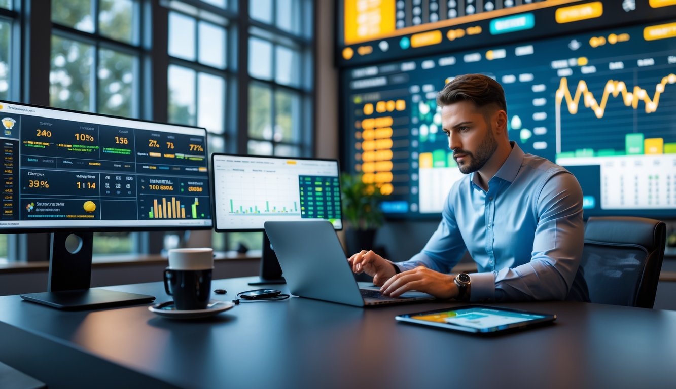 Seorang profesional sedang menganalisis data statistik dan peluang judi olahraga di ruang kerja modern dengan beberapa layar komputer dan grafik yang menampilkan informasi taruhan.