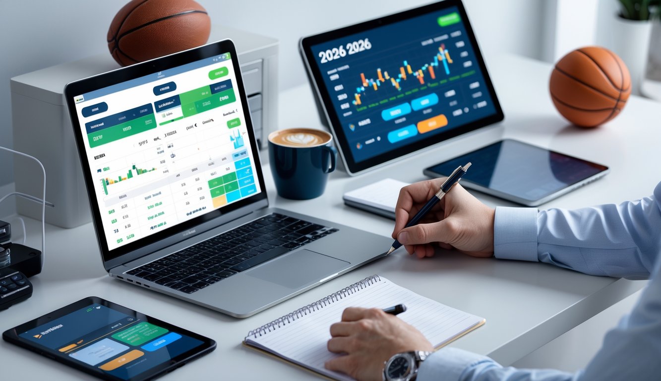 Seseorang sedang menganalisis data taruhan olahraga di meja kerja dengan laptop dan tablet, dilengkapi alat tulis dan ponsel.
