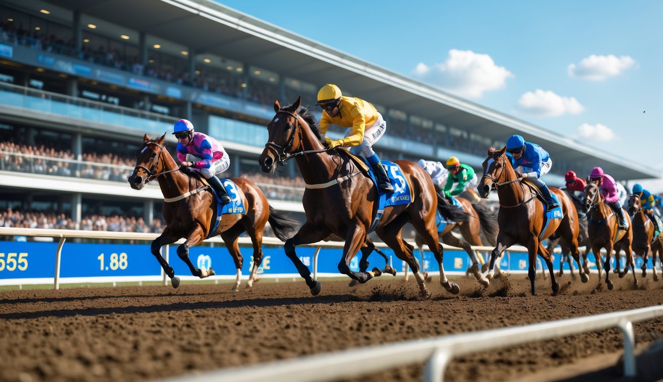 Adegan balap kuda dengan joki mengenakan pakaian warna-warni sedang berlomba di lintasan dengan penonton ramai di tribun di latar belakang.