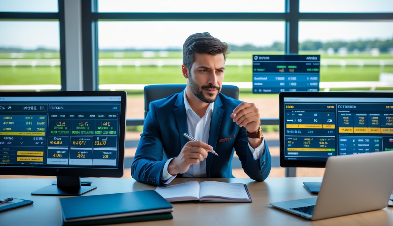 Seorang pria duduk di meja kantor modern sambil menganalisis data balap kuda dengan layar komputer dan catatan di sekitarnya.