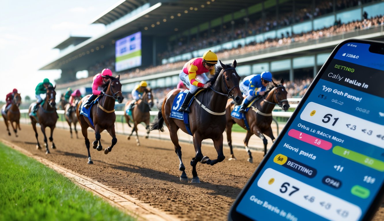 Balapan kuda dengan joki yang sedang berlomba di lintasan dengan penonton di latar belakang dan perangkat untuk memasang taruhan di depan.